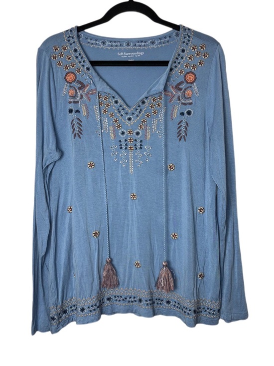 Soft Surroundings Tops - Soft surroundings embroidered long sleeve top with tassels -Blue Women's Medium